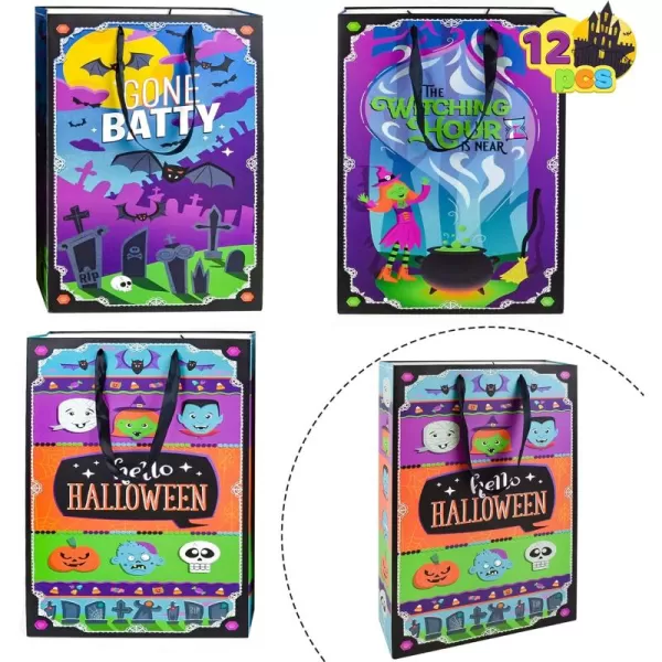 JOYIN 12 Pcs Halloween Tote Bag for TrickorTreating Paper Candy Bags in 4 Designs for for Kids Halloween Party Favor Plastic Snacks Stuffers Bag for Party Supplies