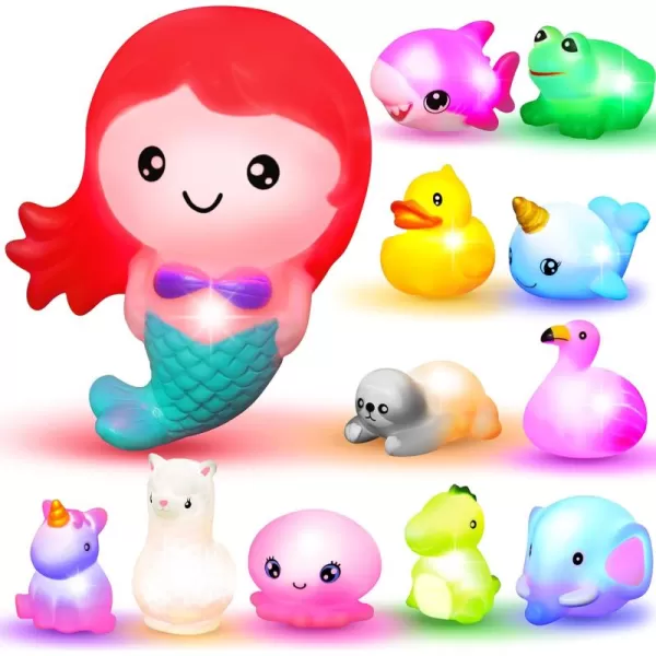 JOYIN 12Pcs Light Up Bath Toys Toddler Flashing Colourful LED Bathtub Mermaid Toy Baby Bathtime Floating Rubber Shower Toy for Infant Baby Kids Boy Girl Birthday Valentines Gift Swimming Pool Party