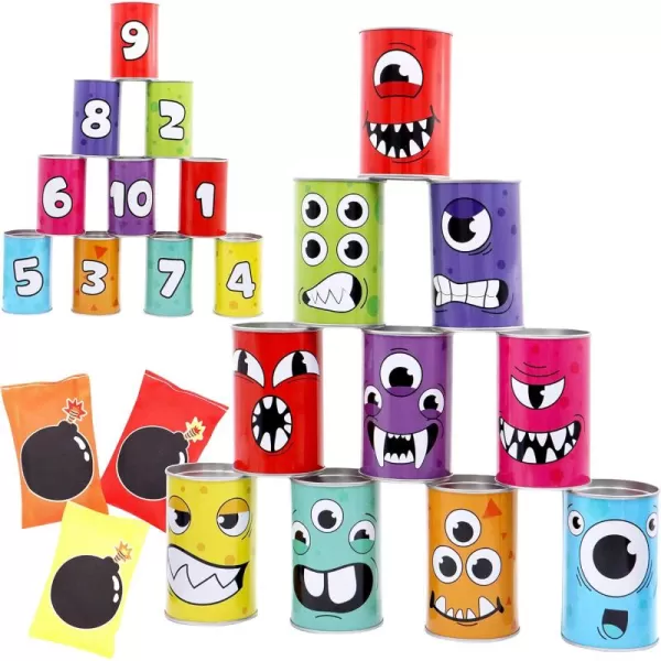 JOYIN 13 Pcs Carnival Bean Bag Toss Knockdown Can Game Set Holiday ampamp Birthday Party Games Outdoor Lawn Yard Activity for Kids Party Favors Easter Egg Hunt for Classroom Gifts Monster StyleMonster