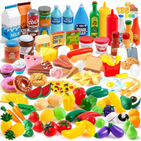 JOYIN 135Pcs Kids Play Food Set Value Pretend Food for Play Kitchen with Fruit Vegetable Food Can Dessert Tableware Bottles Dramatic Plastic Food Toys for Toddler Boys Girls 3 Years