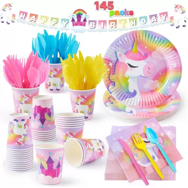 JOYIN 145 Pcs Unicorn Birthday Party Supplies with Unicorn Banner for Girls 24 Serves Unicorn Disposable Tableware Set with Plates  Cups Napkins and Cutlery Sets for Unicorn Themes Party Kids 2 3Unicorn