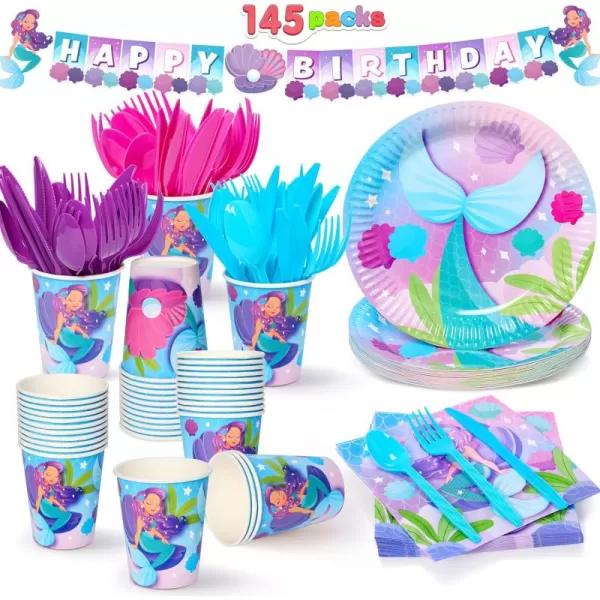 JOYIN 145 Pcs Unicorn Birthday Party Supplies with Unicorn Banner for Girls 24 Serves Unicorn Disposable Tableware Set with Plates  Cups Napkins and Cutlery Sets for Unicorn Themes Party Kids 2 3Mermaid