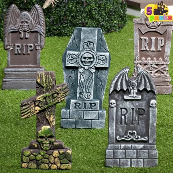 JOYIN 17 Halloween Foam RIP Graveyard Tombstones 5 Pack Yard Sign Headstone Decorations and 10 Bonus Metal Stakes for Halloween Yard Outdoor Indoor DecorationsMulticolor