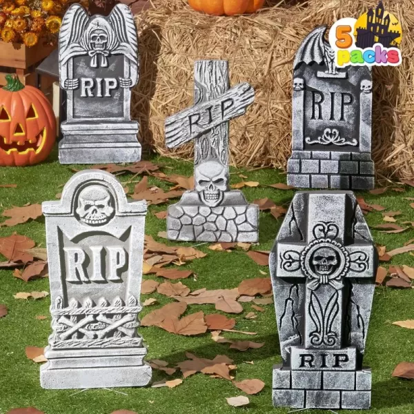 JOYIN 17 Halloween Foam RIP Graveyard Tombstones 5 Pack Yard Sign Headstone Decorations and 10 Bonus Metal Stakes for Halloween Yard Outdoor Indoor DecorationsGray