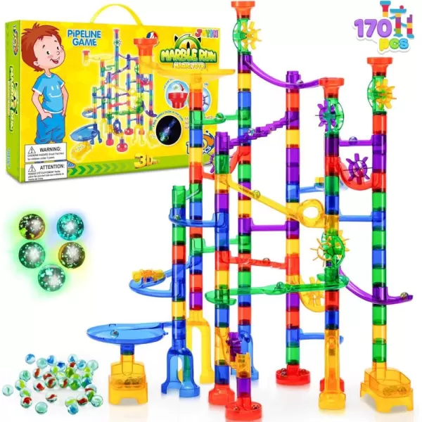 JOYIN 170Pcs Glowing Marble Run Construction Building Blocks Toys with 5 Glow in The Dark Glass Marbles STEM Educational Building Block Toy120 Plastic Pieces  50 Glass Marbles170Super Set