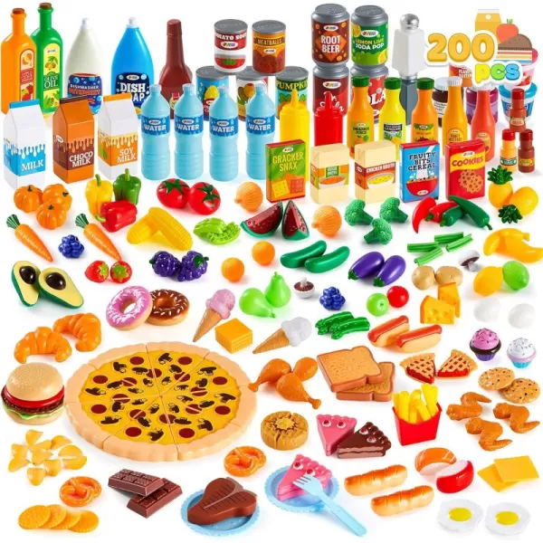 JOYIN 200 Pieces Kids Play Food Deluxe Pretend Food Set Play Toy Food Play Kitchen Accessories with Realistic Colors Toddler Birthday Gift Party Toys