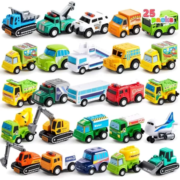 JOYIN 25 Pieces Pull Back Cars and Trucks Toy Vehicles Set for Toddlers Girls and Boys Kids Play Set DieCast Car Set Kids Party Favors Stocking Stuffers Kids Presents Toys