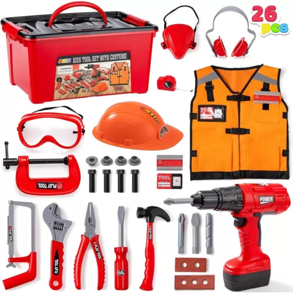 JOYIN 26Pcs Kid Tool Set Pretend Play Toddler Tool Toy with Construction Worker Costume ampamp Electronic Toy Drill in Storage Box for Boy Girl Halloween Present Birthday Dress Up Party