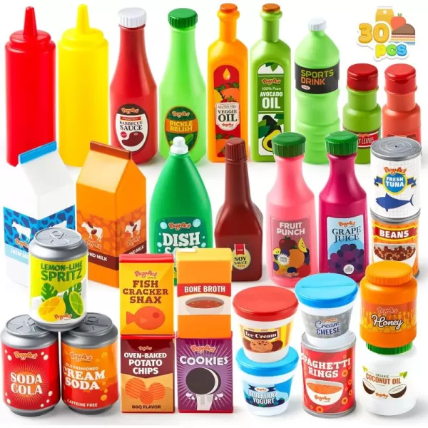 JOYIN 30Pcs Play Food Grocery Cans Play Kitchen Accessories Includes Drink Juice Jar Seasoning Water Bottle Sauce Yogurt Ice Cream Snack Box Kids Gifts ampamp Indoor Toys