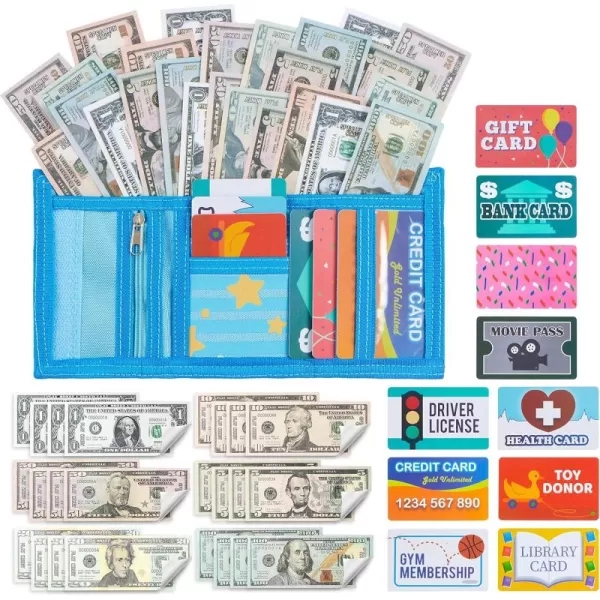 JOYIN 35pcs Kids Pretend Money Play Credit Cards Set Toddler Wallet SingleSided Printed CurrencyCopy for Cash Register Play Math Learning Toy Dress Up Party Favors Birthday Gift