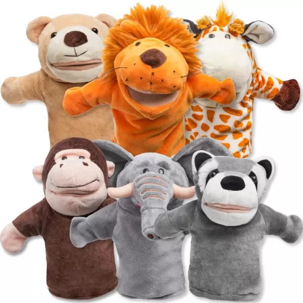 JOYIN 6Pcs Kids Hand Puppet Set with Working Mouth Toddler Animal Plush Toy Includes Elephant Giraffe Lion Bear Raccoon and Monkey for Show Theater Birthday GiftsAnimal Friends