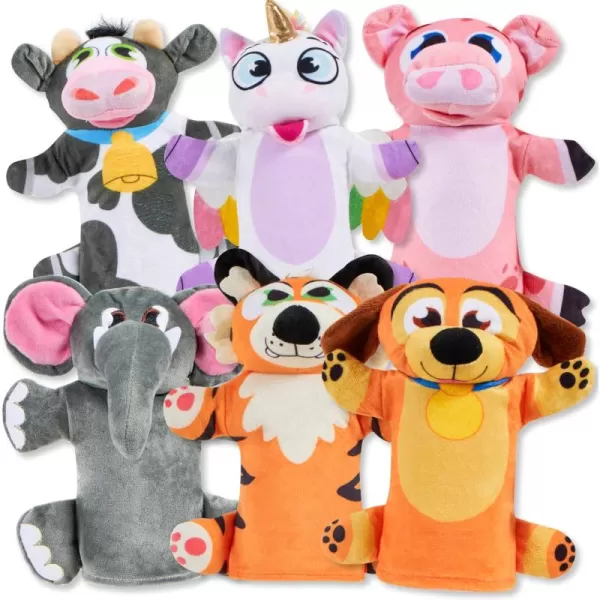 JOYIN 6Pcs Kids Hand Puppet Set with Working Mouth Toddler Animal Plush Toy Includes Elephant Giraffe Lion Bear Raccoon and Monkey for Show Theater Birthday GiftsFarm Friends