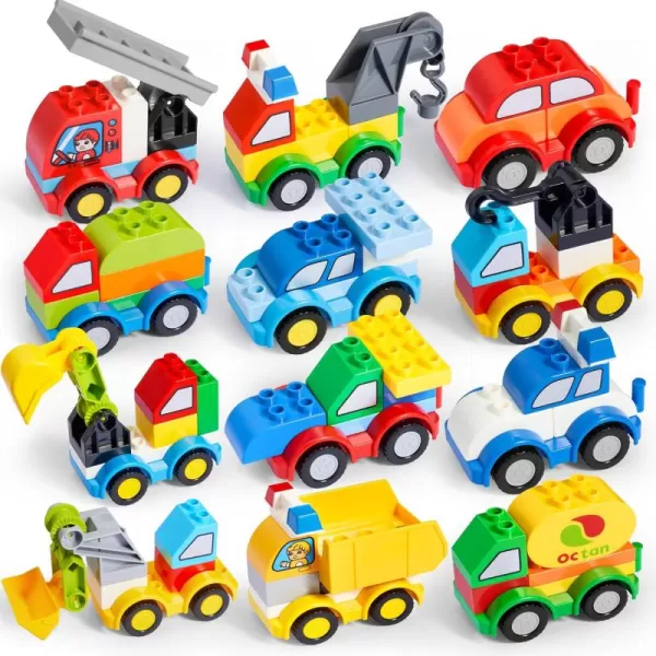 JOYIN 80Pcs Toddlers Car Building Blocks Set 12Pcs Different Vehicles Build Your Own Toy Cars Compatible with Brand Name Building Bricks for Kids Boys Girls Birthday Easter Gift