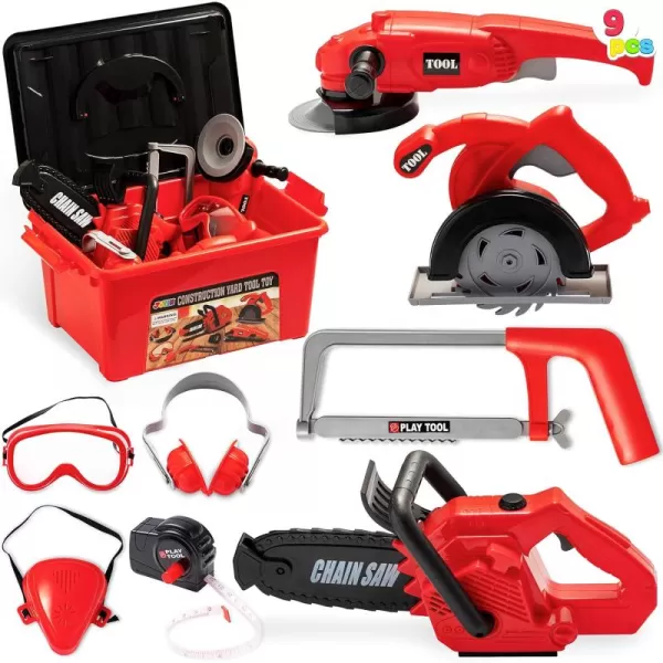 JOYIN 9Pcs Kids Tool Set Pretend Play Toddler Tool Toys with Construction Worker Box ampamp Electronic Drill Chainsaw Toy for Boy Girl Halloween Present Birthday Dress Up Party Favors