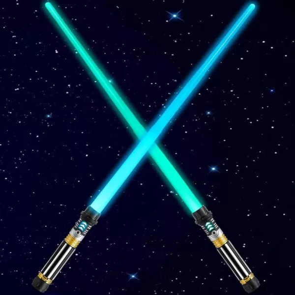 JOYIN Extendable 2in1 LED Sword Gold Handle 2 Pcs Light Up Swords with Motion Sensitive Sound Halloween Costume New Years Eve Party Supplies Gifts Galaxy War Fighters and WarriorsGold Handle
