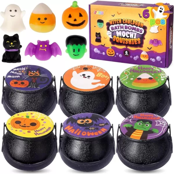 JOYIN Halloween Witch Cauldron Themed Bath Bomb with Mochi Squishy Toy 6 Packs Bubble Kids Bath Bombs with Surprise Toy InsideHalloween Party Favors Supplies