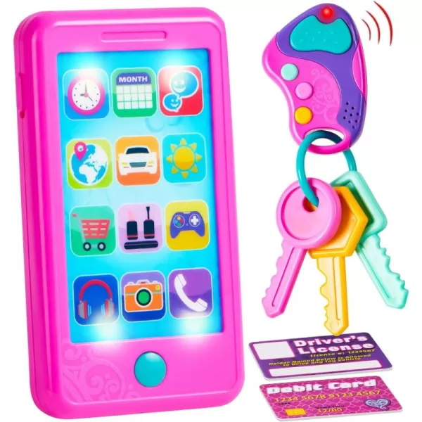 JOYIN Pretend Play Smart Phone Keyfob Key Toy and Credit Cards Set Kids Toddler Cellphone Toys Toddler Birthday Gifts Toys for 1 2 3 4 5 Year Old Kids Presents ToysMulticolor Pink