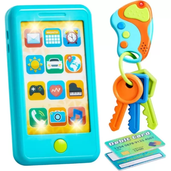 JOYIN Pretend Play Smart Phone Keyfob Key Toy and Credit Cards Set Kids Toddler Cellphone Toys Toddler Birthday Gifts Toys for 1 2 3 4 5 Year Old Kids Presents ToysBlue