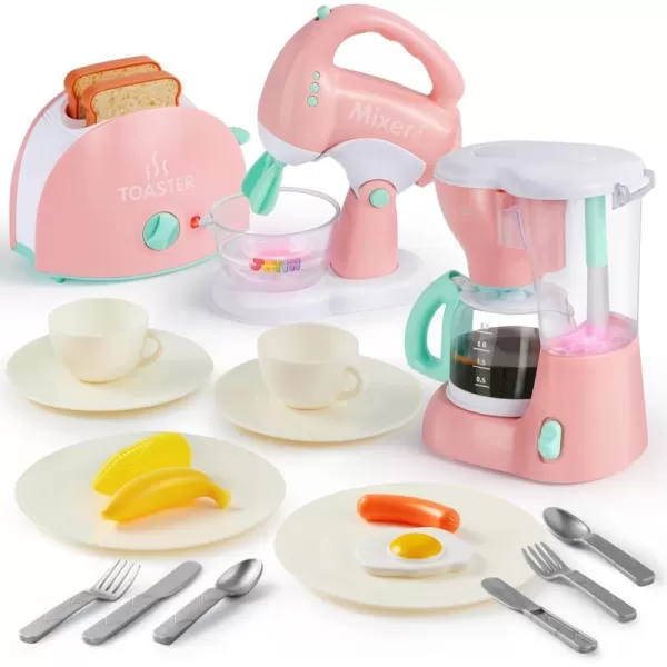 Joyin Play Kitchen Toys Pretend Play Kitchen Appliances Toy Set with Coffee Maker Mixer Toaster with Realistic Lightsampamp Sounds Birthday Gift for Kids Ages 3 PinkPink