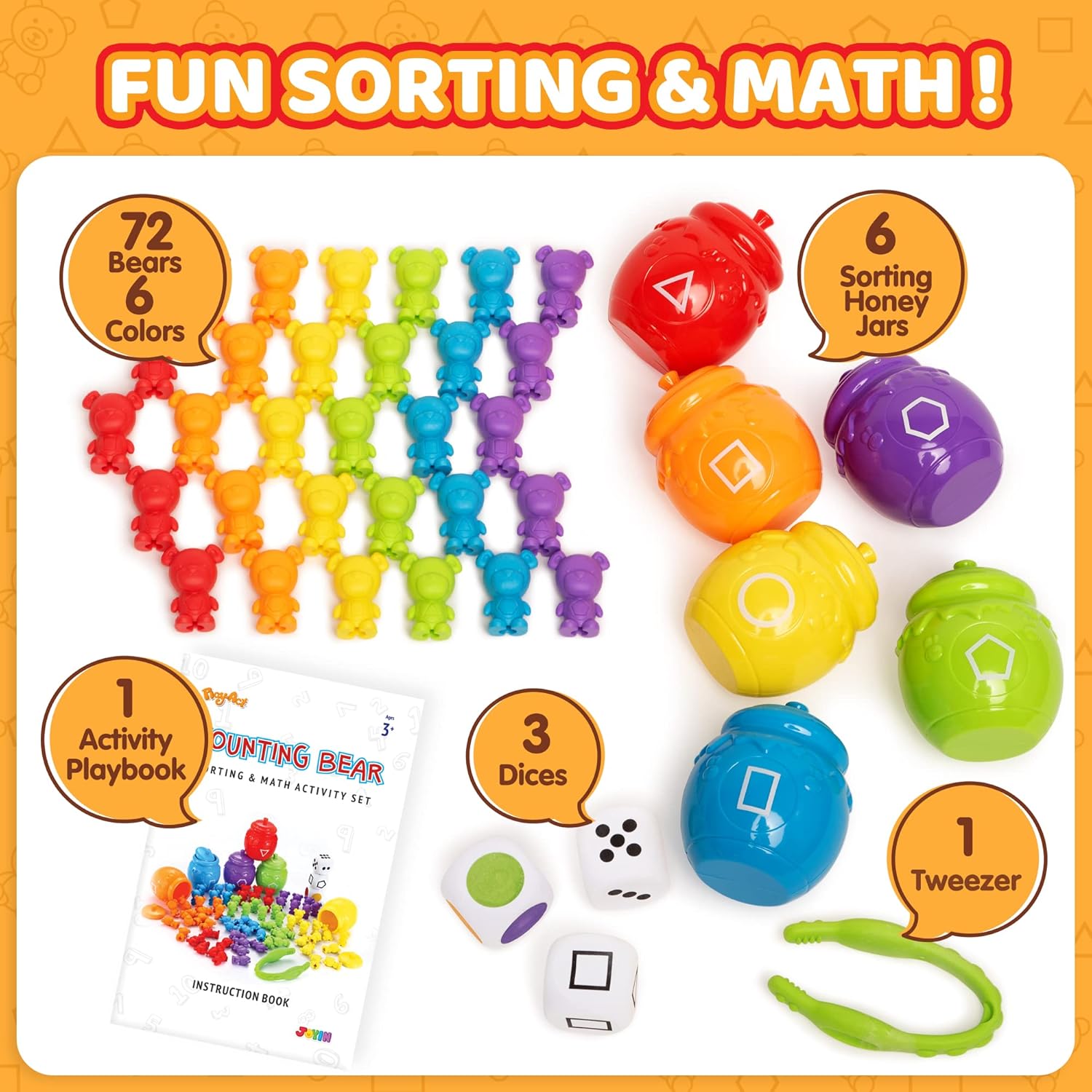 JOYIN Rainbow Counting Bears with Matching Sorting Cups  83 Pcs Set Learning Toys for Kids Age 3 Number Sorting Color Recognition Tweezers Dice Instruction Book Educational Gift