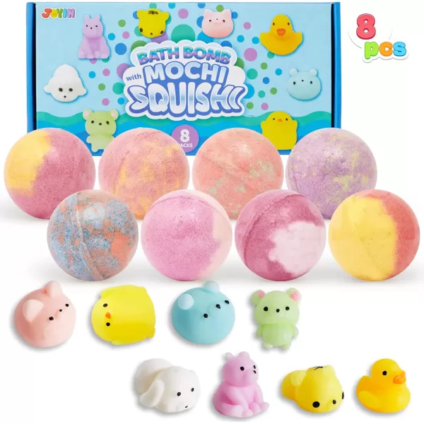 8 Pack Bubble Bath Bombs for Kids with Mochi Squishy Toy Surprise Toy Inside Natural Essential Oil SPA Bath Fizzies Set Kids Safe Party Favors for Boys and GirlsMochi Squishy