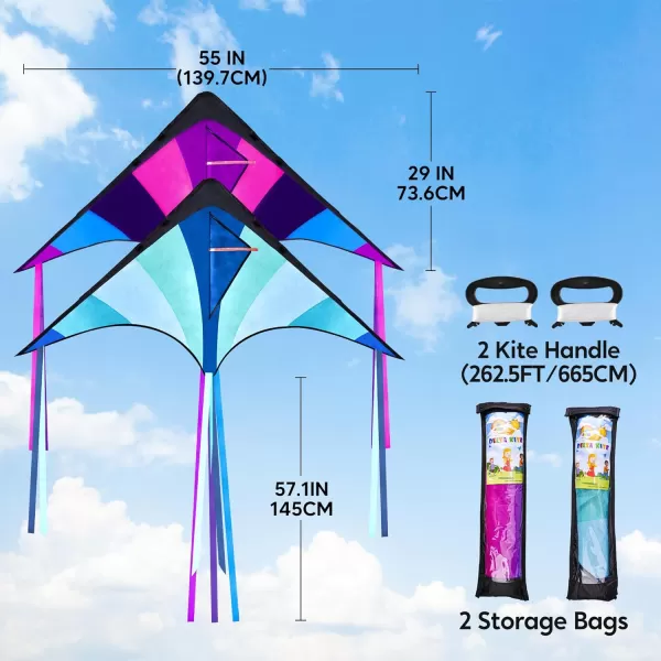 JOYIN 2 Packs Large Delta Kite Green and Multicolor Kite Easy to Fly Huge Kites for Kids and Adults with 2625 ft Kite String Large Delta Beach Kite for Outdoor Games and ActivitiesBluePurple