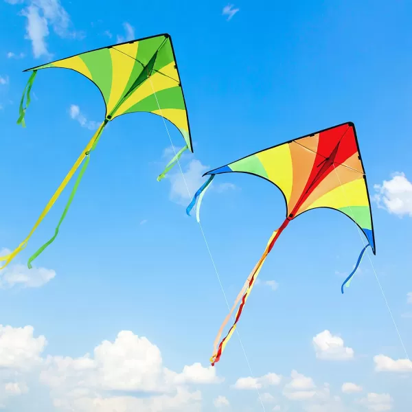 JOYIN 2 Packs Large Delta Kite Green and Multicolor Kite Easy to Fly Huge Kites for Kids and Adults with 2625 ft Kite String Large Delta Beach Kite for Outdoor Games and ActivitiesGreenRainbow