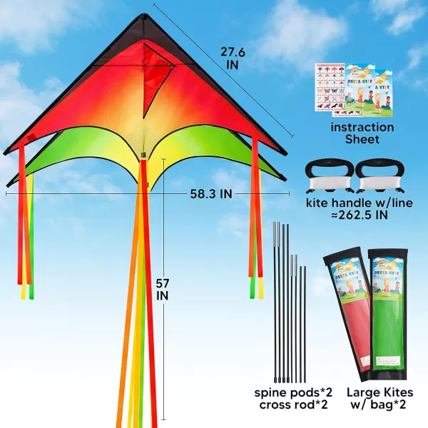 JOYIN 2 Packs Large Delta Kite Orange and Green Easy to Fly Huge Kites for Kids and Adults with 2625 ft Kite String Large Delta Beach Kite for Outdoor Games and Activities