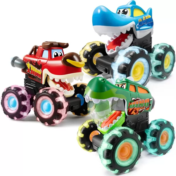 JOYIN 3 Pack Monster Truck Toy  Motion Activated LightUp Cars for Toddlers  Monster Treads Lightning Wheels  Baby Toy Press ampamp Go Cars for Boys Girls