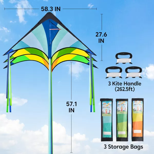 JOYIN 3 Packs Large Delta Kite Green Blue and Rainbow Easy to Fly Huge Kites for Kids with 2625 ft Kite String Large Delta Beach Kite for Outdoor Games and Activities