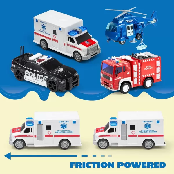 JOYIN 4 Packs Emergency Vehicle Toy Playsets Friction Powered Vehicles with Light and Sound Including Fire Truck Ambulance Toy Play Police Car and Toy Helicopter Best Toddler Kids Boys Gifts