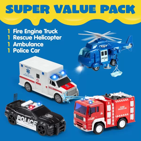 JOYIN 4 Packs Emergency Vehicle Toy Playsets Friction Powered Vehicles with Light and Sound Including Fire Truck Ambulance Toy Play Police Car and Toy Helicopter Best Toddler Kids Boys Gifts