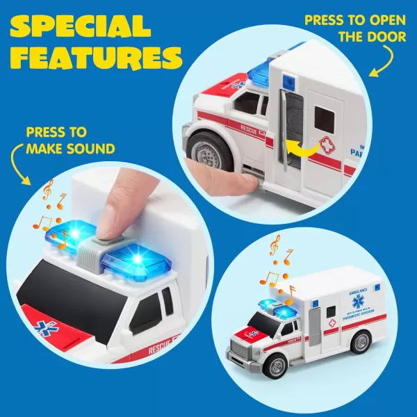 JOYIN 4 Packs Emergency Vehicle Toy Playsets Friction Powered Vehicles with Light and Sound Including Fire Truck Ambulance Toy Play Police Car and Toy Helicopter Best Toddler Kids Boys Gifts