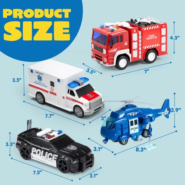 JOYIN 4 Packs Emergency Vehicle Toy Playsets Friction Powered Vehicles with Light and Sound Including Fire Truck Ambulance Toy Play Police Car and Toy Helicopter Best Toddler Kids Boys Gifts