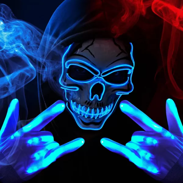 JOYIN Halloween LED Skull Mask with Light Up Gloves Blue Scary Glow Up Skull Mask Glow in The Dark Skeleton Mask for Kids Boys Girls Halloween Cosplay Costumes Accessory Party Dress UpBlue