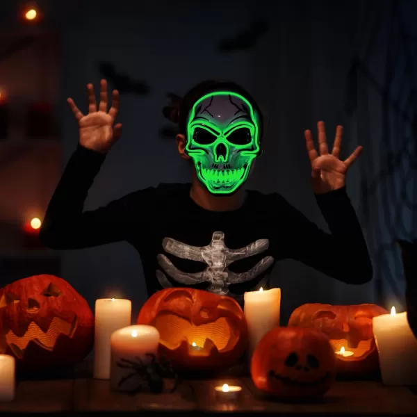 JOYIN Halloween LED Skull Mask with Light Up Gloves Blue Scary Glow Up Skull Mask Glow in The Dark Skeleton Mask for Kids Boys Girls Halloween Cosplay Costumes Accessory Party Dress UpGreen