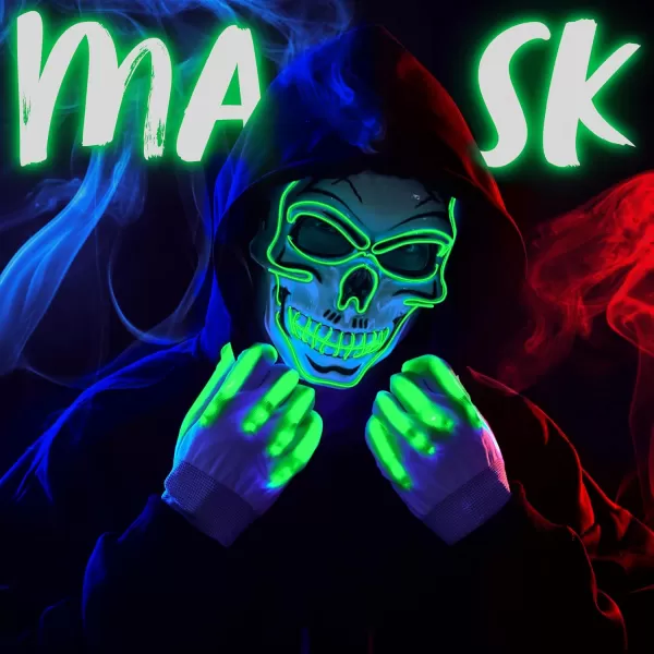 JOYIN Halloween LED Skull Mask with Light Up Gloves Blue Scary Glow Up Skull Mask Glow in The Dark Skeleton Mask for Kids Boys Girls Halloween Cosplay Costumes Accessory Party Dress UpGreen