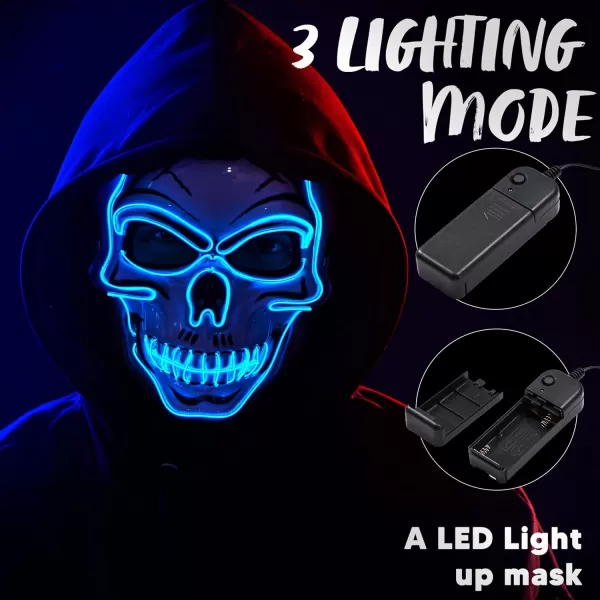 JOYIN Halloween LED Skull Mask with Light Up Gloves Blue Scary Glow Up Skull Mask Glow in The Dark Skeleton Mask for Kids Boys Girls Halloween Cosplay Costumes Accessory Party Dress UpBlue