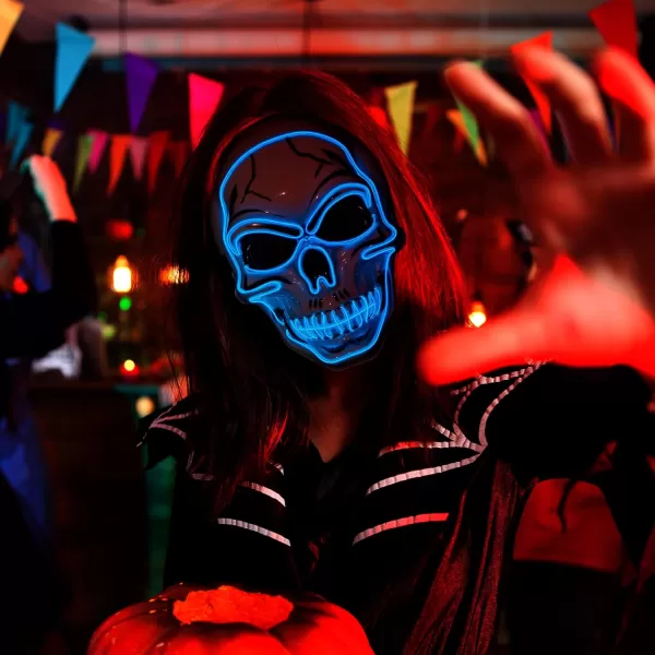 JOYIN Halloween LED Skull Mask with Light Up Gloves Blue Scary Glow Up Skull Mask Glow in The Dark Skeleton Mask for Kids Boys Girls Halloween Cosplay Costumes Accessory Party Dress UpBlue