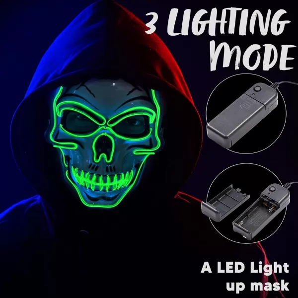 JOYIN Halloween LED Skull Mask with Light Up Gloves Blue Scary Glow Up Skull Mask Glow in The Dark Skeleton Mask for Kids Boys Girls Halloween Cosplay Costumes Accessory Party Dress UpGreen