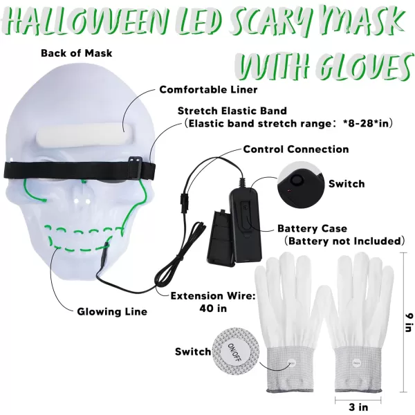 JOYIN Halloween LED Skull Mask with Light Up Gloves Blue Scary Glow Up Skull Mask Glow in The Dark Skeleton Mask for Kids Boys Girls Halloween Cosplay Costumes Accessory Party Dress UpGreen