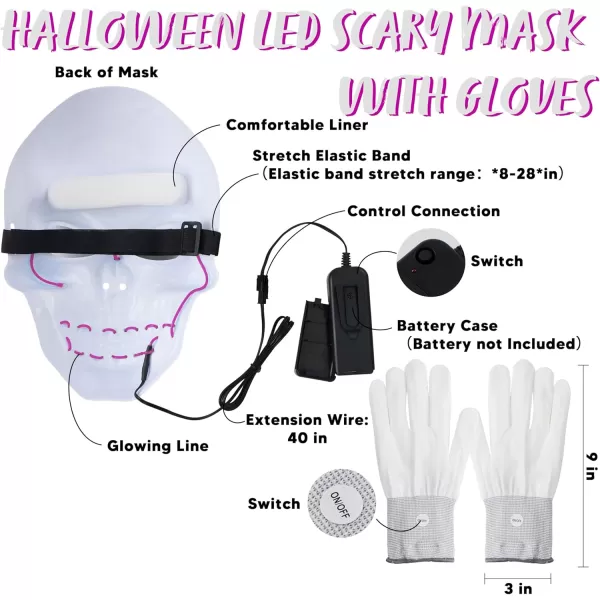 JOYIN Halloween LED Skull Mask with Light Up Gloves Blue Scary Glow Up Skull Mask Glow in The Dark Skeleton Mask for Kids Boys Girls Halloween Cosplay Costumes Accessory Party Dress UpPurple