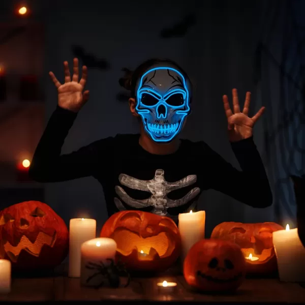 JOYIN Halloween LED Skull Mask with Light Up Gloves Blue Scary Glow Up Skull Mask Glow in The Dark Skeleton Mask for Kids Boys Girls Halloween Cosplay Costumes Accessory Party Dress UpBlue