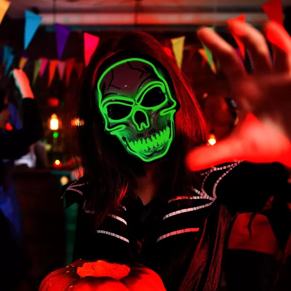 JOYIN Halloween LED Skull Mask with Light Up Gloves Blue Scary Glow Up Skull Mask Glow in The Dark Skeleton Mask for Kids Boys Girls Halloween Cosplay Costumes Accessory Party Dress UpGreen