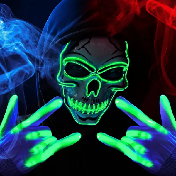 JOYIN Halloween LED Skull Mask with Light Up Gloves Blue Scary Glow Up Skull Mask Glow in The Dark Skeleton Mask for Kids Boys Girls Halloween Cosplay Costumes Accessory Party Dress UpGreen