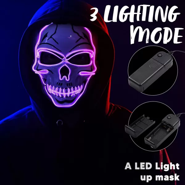 JOYIN Halloween LED Skull Mask with Light Up Gloves Blue Scary Glow Up Skull Mask Glow in The Dark Skeleton Mask for Kids Boys Girls Halloween Cosplay Costumes Accessory Party Dress UpPurple