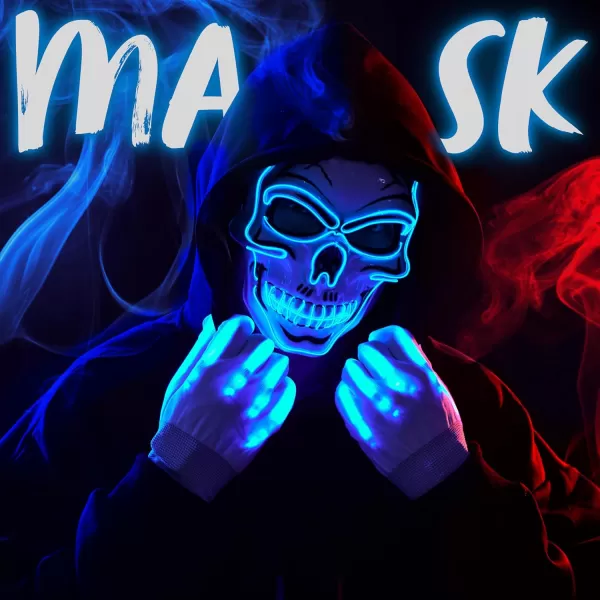 JOYIN Halloween LED Skull Mask with Light Up Gloves Blue Scary Glow Up Skull Mask Glow in The Dark Skeleton Mask for Kids Boys Girls Halloween Cosplay Costumes Accessory Party Dress UpBlue