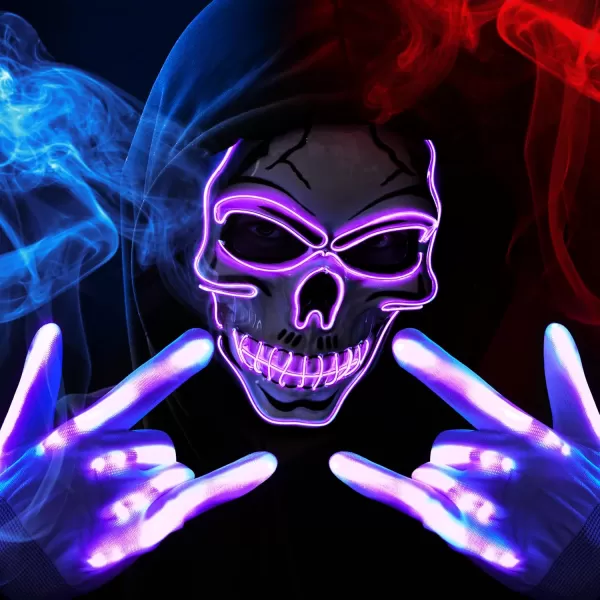 JOYIN Halloween LED Skull Mask with Light Up Gloves Blue Scary Glow Up Skull Mask Glow in The Dark Skeleton Mask for Kids Boys Girls Halloween Cosplay Costumes Accessory Party Dress UpPurple