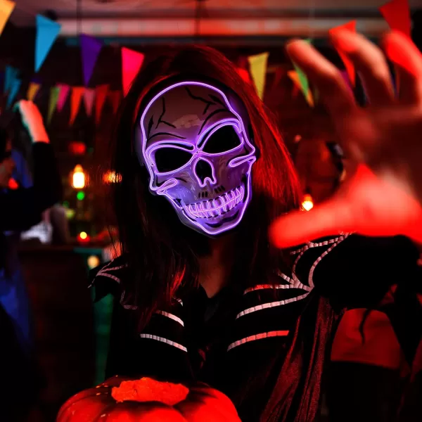 JOYIN Halloween LED Skull Mask with Light Up Gloves Blue Scary Glow Up Skull Mask Glow in The Dark Skeleton Mask for Kids Boys Girls Halloween Cosplay Costumes Accessory Party Dress UpPurple