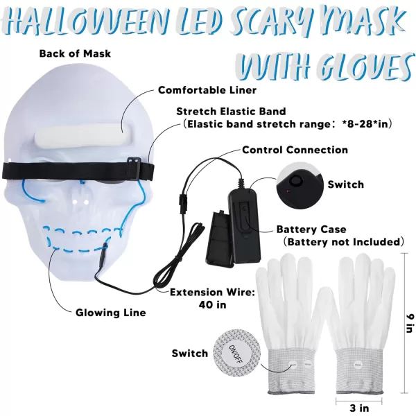 JOYIN Halloween LED Skull Mask with Light Up Gloves Blue Scary Glow Up Skull Mask Glow in The Dark Skeleton Mask for Kids Boys Girls Halloween Cosplay Costumes Accessory Party Dress UpBlue
